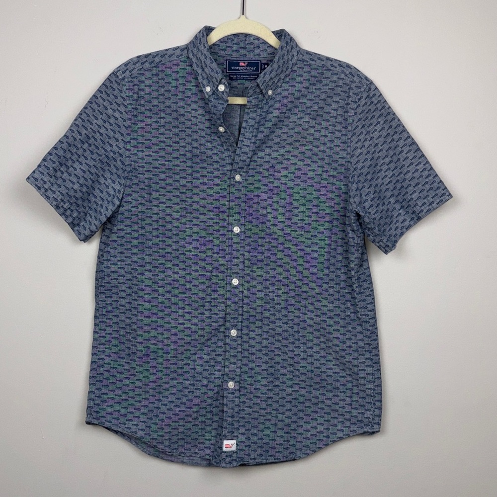 Vineyard Vines‎ Slim Fit Murray SS Button Front Shirt Chambray Fish Print SZ M